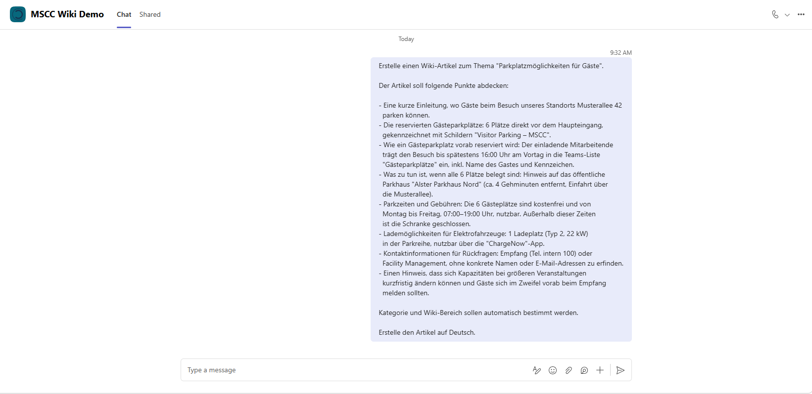 Prompt im Teams-Chat mit den gewünschten Inhaltspunkten für den Wiki-Artikel